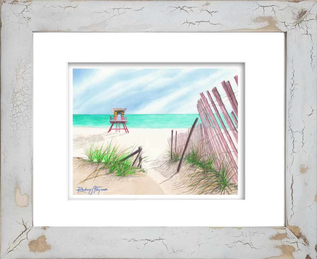 Rodney Ferguson watercolor giclée print titled "Standing Guard" featuring a vigilant beach sentinel overlooking the pristine turquoise waters and white sands of Flamenco Beach, Puerto Rico, displayed in a handcrafted distressed and crackled coastal frame with unique weathered texture.