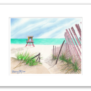 Matted watercolor giclée print of Rodney Ferguson's "Standing Guard" featuring a beach sentinel watching over the turquoise waters and white sand shoreline of Flamenco Beach, Puerto Rico.