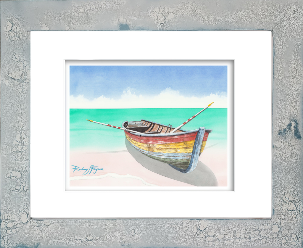 Rodney Ferguson watercolor giclée print titled "Lonely Sailor" featuring a brightly colored Latin fishing boat resting along the shoreline, waiting to sail into the ocean to harvest abundant schools of fish. Artwork is mounted in a distressed and crackled handmade coastal frame with unique weathered textures, creating a one-of-a-kind nautical wall art piece.