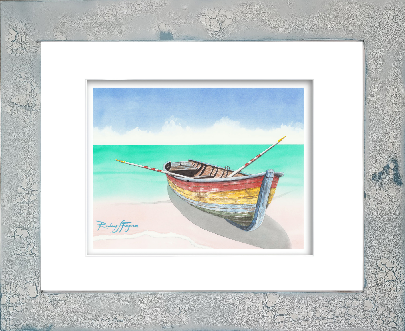 Rodney Ferguson watercolor giclée print titled "Lonely Sailor" featuring a brightly colored Latin fishing boat resting along the shoreline, waiting to sail into the ocean to harvest abundant schools of fish. Artwork is mounted in a distressed and crackled handmade coastal frame with unique weathered textures, creating a one-of-a-kind nautical wall art piece.