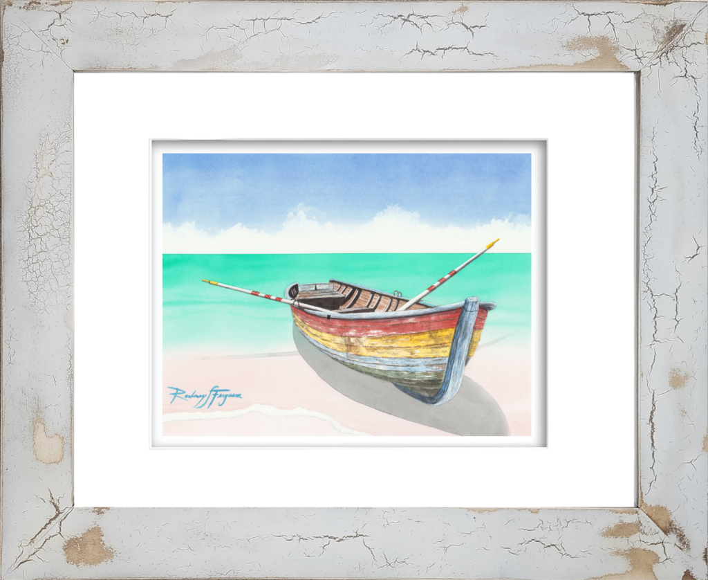 Rodney Ferguson watercolor giclée print titled "Lonely Sailor" featuring a brightly colored Latin fishing boat resting along the shoreline, waiting to sail into the ocean to harvest abundant schools of fish. Artwork is mounted in a distressed and crackled handmade coastal frame with unique weathered textures, creating a one-of-a-kind nautical wall art piece.
