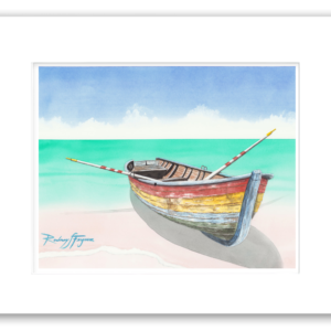 Rodney Ferguson "Lonely Sailor" watercolor giclée print featuring a colorful Latin fishing boat resting by the shore before its next voyage into the ocean. Professionally matted and printed on 100% archival, acid-free, colorfast paper for lasting beauty and preservation.