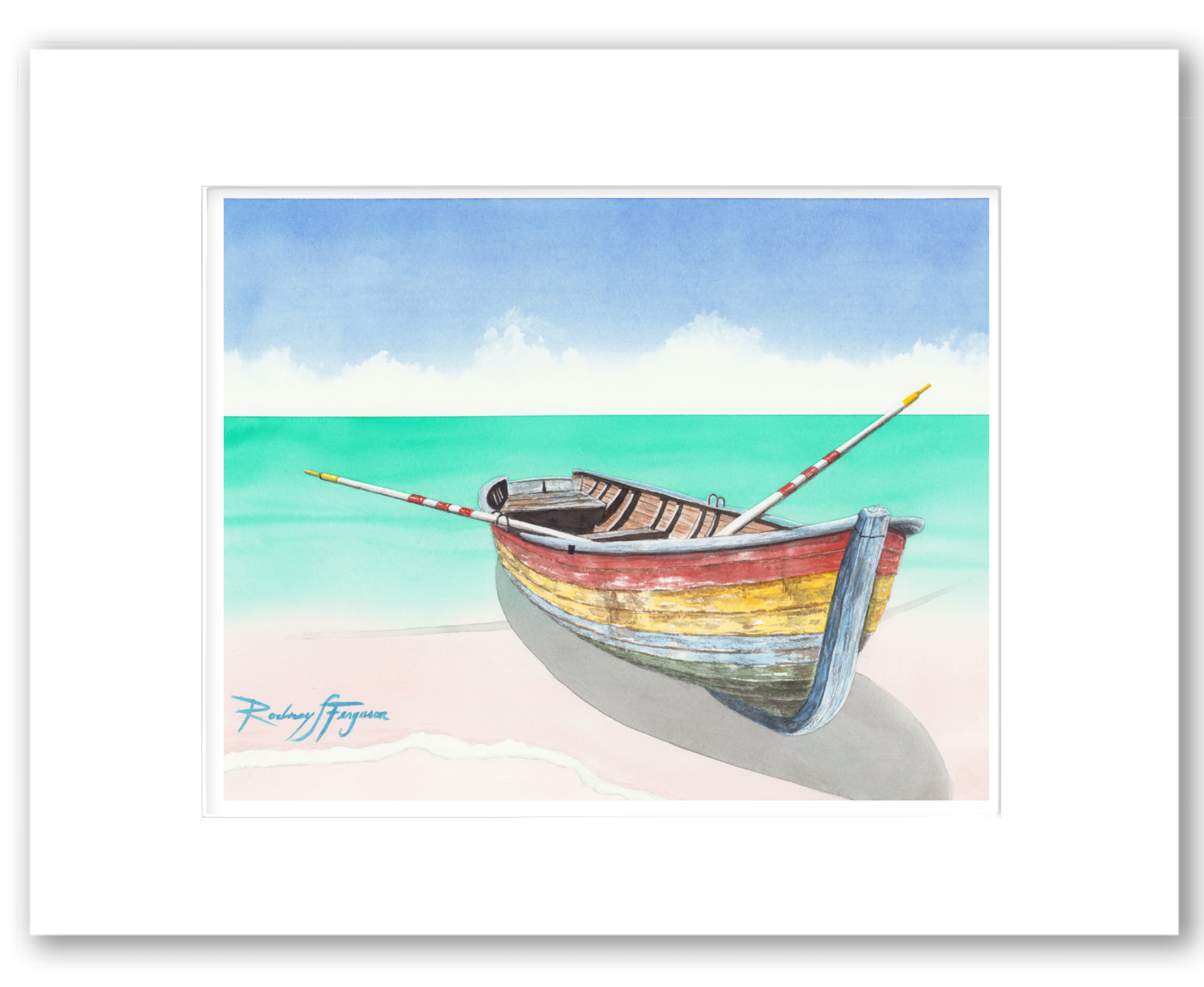 Rodney Ferguson "Lonely Sailor" watercolor giclée print featuring a colorful Latin fishing boat resting by the shore before its next voyage into the ocean. Professionally matted and printed on 100% archival, acid-free, colorfast paper for lasting beauty and preservation.