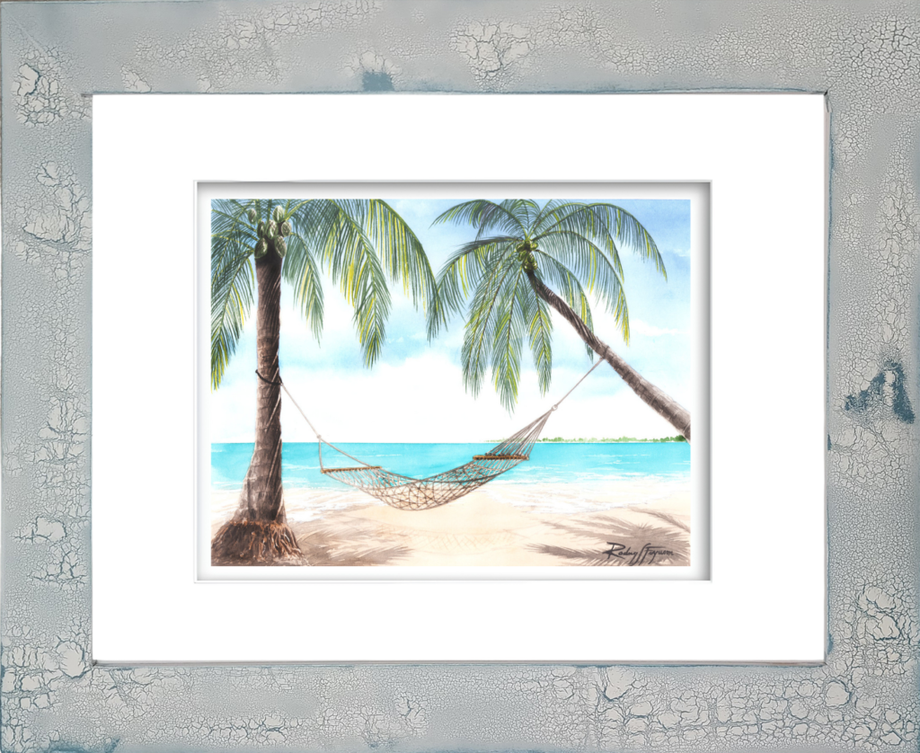 Rodney Ferguson watercolor giclée print of a sunny tropical day at Trunk Bay, U.S. Virgin Islands, featuring an empty hammock overlooking crystal-clear blue Caribbean waters, professionally mounted in a distressed and crackled handmade coastal frame with unique weathered texture.