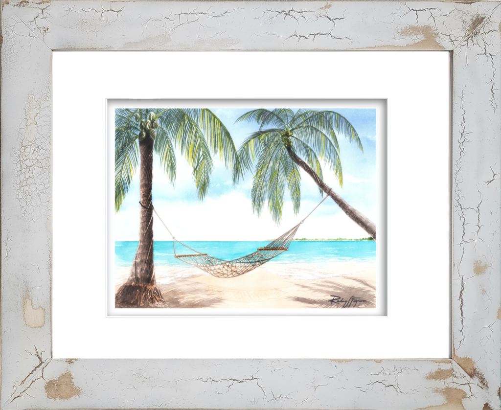 Rodney Ferguson watercolor giclée print of a sunny tropical day at Trunk Bay, U.S. Virgin Islands, featuring an empty hammock overlooking crystal-clear blue Caribbean waters, professionally mounted in a distressed and crackled handmade coastal frame with unique weathered texture.