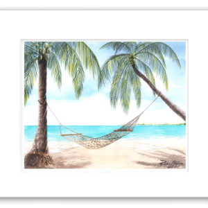 Rodney Ferguson watercolor giclée print of Trunk Bay, U.S. Virgin Islands, featuring a relaxing hammock overlooking turquoise Caribbean waters on a bright sunny day, presented with a professional single archival mat on acid-free, colorfast paper.