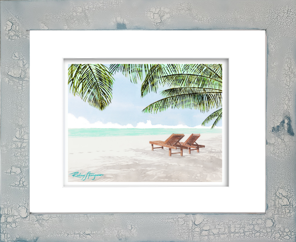 Watercolor giclée print of Seven Mile Beach on Grand Cayman Island featuring two mahogany beach chairs overlooking crystal-clear azure Caribbean waters beneath swaying palm fronds, displayed in a distressed and crackled handmade coastal frame with unique artisan textures.