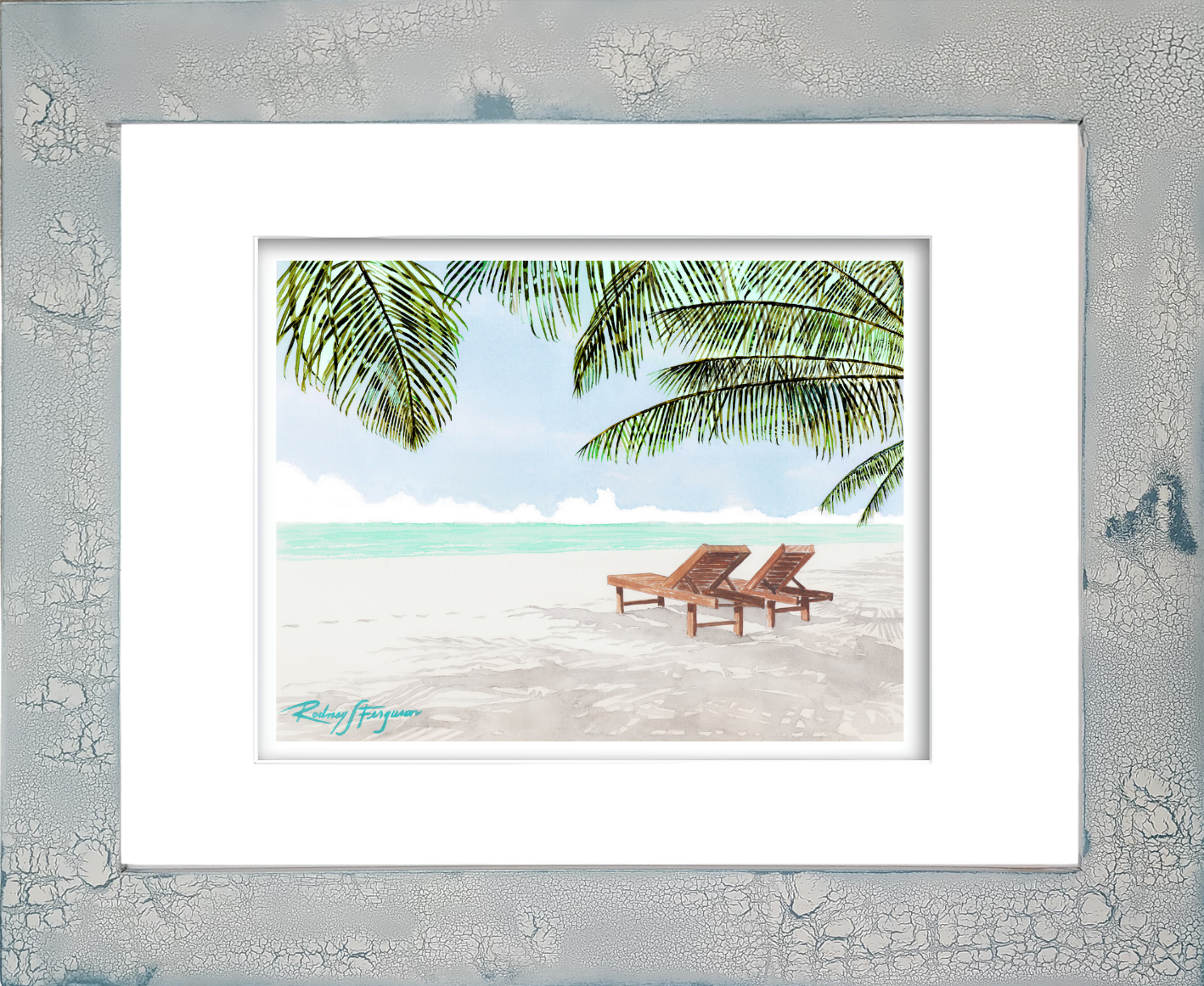 Watercolor giclée print of Seven Mile Beach on Grand Cayman Island featuring two mahogany beach chairs overlooking crystal-clear azure Caribbean waters beneath swaying palm fronds, displayed in a distressed and crackled handmade coastal frame with unique artisan textures.
