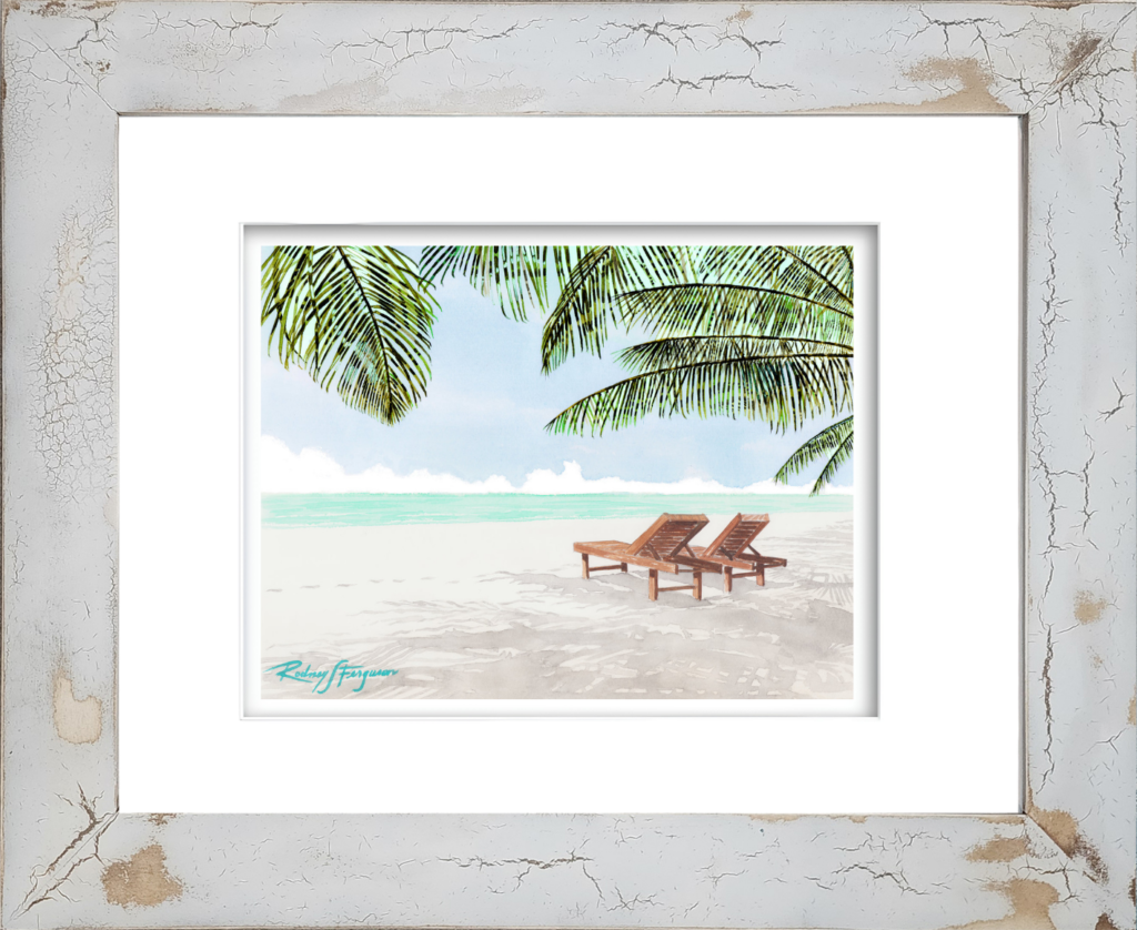 Watercolor giclée print of Seven Mile Beach on Grand Cayman Island featuring two mahogany beach chairs overlooking crystal-clear azure Caribbean waters beneath swaying palm fronds, displayed in a distressed and crackled handmade coastal frame with unique artisan textures.