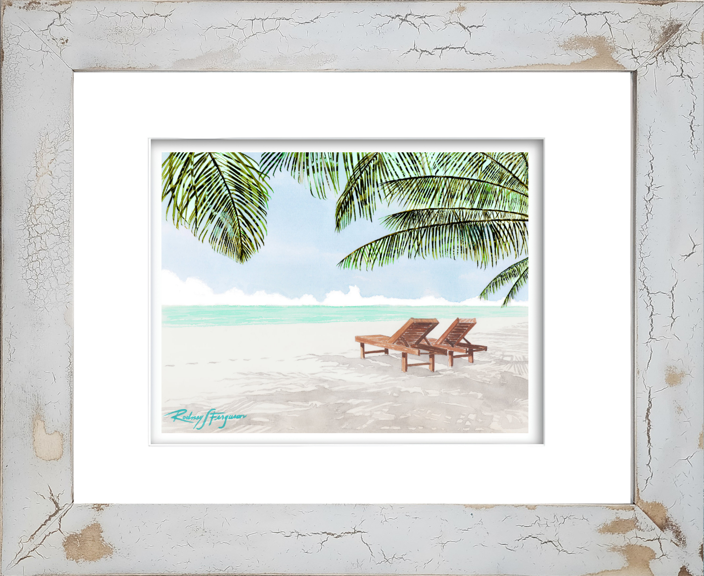 Watercolor giclée print of Seven Mile Beach on Grand Cayman Island featuring two mahogany beach chairs overlooking crystal-clear azure Caribbean waters beneath swaying palm fronds, displayed in a distressed and crackled handmade coastal frame with unique artisan textures.