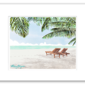 Watercolor giclée print of Seven Mile Beach, Grand Cayman Island, featuring two mahogany beach chairs facing turquoise Caribbean waters and swaying palm fronds, professionally matted and printed on 100% archival, acid-free, colorfast paper.
