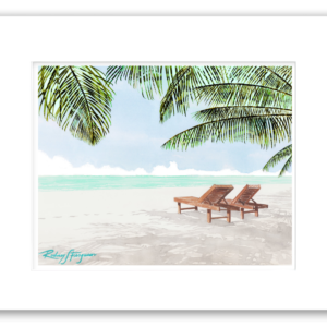 Watercolor giclée print of Seven Mile Beach, Grand Cayman Island, featuring two mahogany beach chairs facing turquoise Caribbean waters and swaying palm fronds, professionally matted and printed on 100% archival, acid-free, colorfast paper.