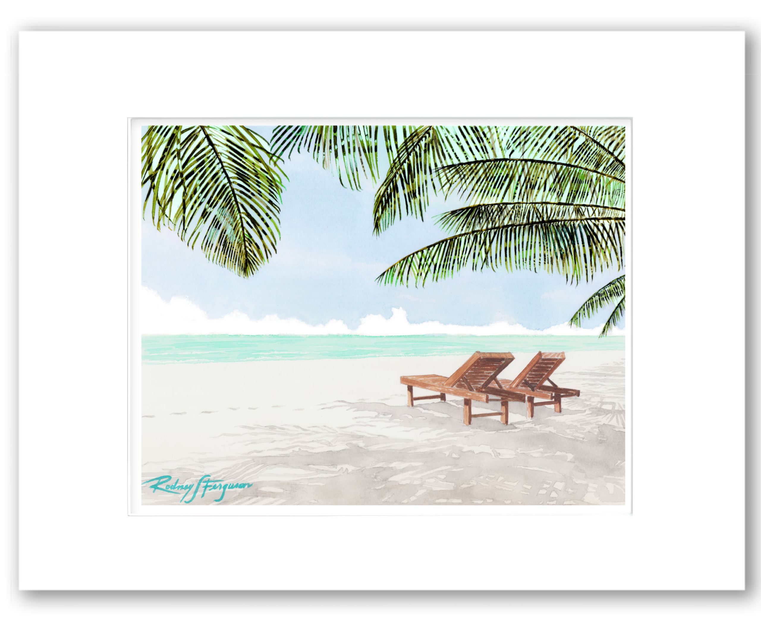 Watercolor giclée print of Seven Mile Beach, Grand Cayman Island, featuring two mahogany beach chairs facing turquoise Caribbean waters and swaying palm fronds, professionally matted and printed on 100% archival, acid-free, colorfast paper.
