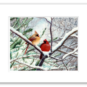 Watercolor giclée print of two mating Northern Cardinals perched together in winter, professionally matted and printed on archival, acid-free, colorfast paper with exceptional detail and vibrant colors.