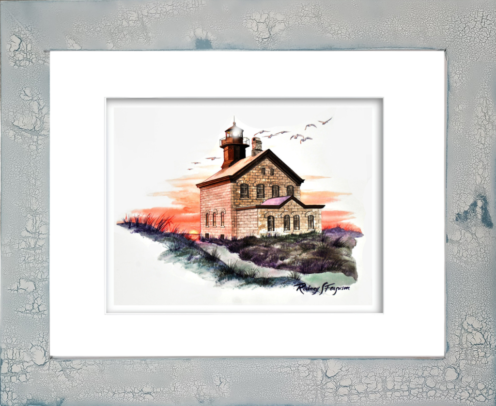 Rodney Ferguson's watercolor giclée print of Northeast Block Island Lighthouse bathed in the fading light of day, featuring coastal architecture, maritime scenery, and New England charm, mounted in a handcrafted distressed and crackled coastal frame with unique weathered textures and finishes.