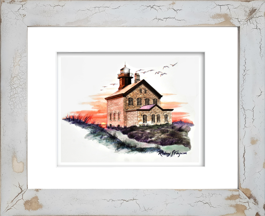 Rodney Ferguson's watercolor giclée print of Northeast Block Island Lighthouse bathed in the fading light of day, featuring coastal architecture, maritime scenery, and New England charm, mounted in a handcrafted distressed and crackled coastal frame with unique weathered textures and finishes.