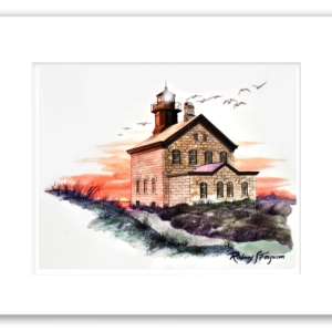 Rodney Ferguson's watercolor giclée print of Northeast Block Island Lighthouse illuminated by the fading light of day, professionally single matted and printed on 100% archival, acid-free, colorfast paper, showcasing New England coastal beauty and maritime history.