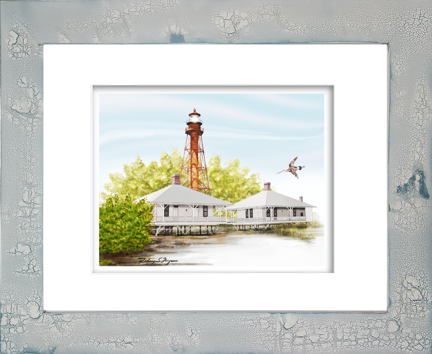 Rodney Ferguson Survivor Sanibel Island Lighthouse watercolor giclée print featuring Florida's historic hurricane survivor skeleton lighthouse, professionally matted and printed on archival acid-free paper.
