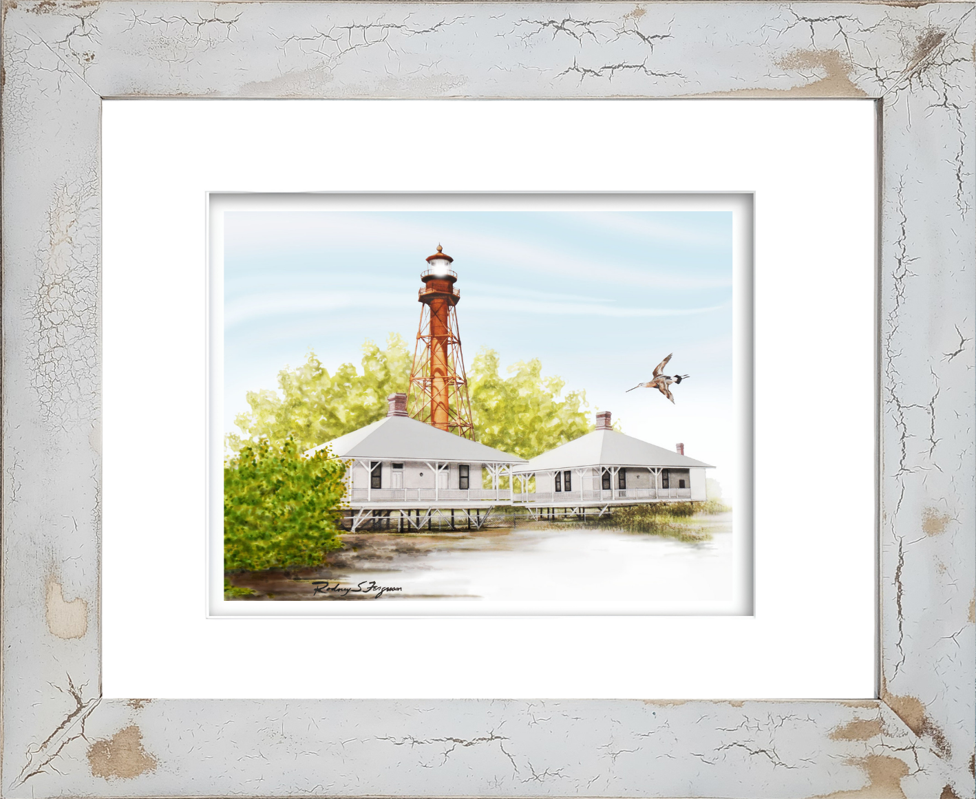 Rodney Ferguson Survivor Sanibel Island Lighthouse watercolor giclée print featuring Florida's historic hurricane survivor skeleton lighthouse, professionally matted and printed on archival acid-free paper.