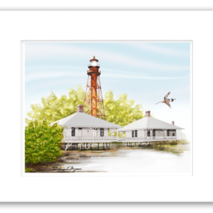 This watercolor giclée print of the survivor Sanibel Island Lighthouse, is a skeleton lighthouse standing resilient after hurricane destruction, with both former keeper's houses lost to the storm, displayed. it is displayed in his handmade distressed and crackled coastal wood frame, nautical lighthouse wall art.