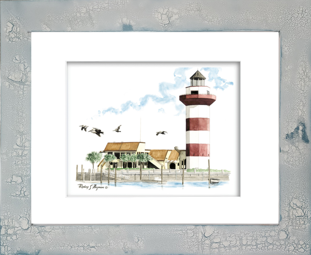 Rodney Ferguson watercolor giclée print of Harbor Town Lighthouse in Hilton Head Island, South Carolina, overlooking the famed Harbour Town Golf Links, home of the PGA Tour RBC Heritage tournament, displayed in a handcrafted distressed and crackled coastal wood frame with unique weathered texture and nautical charm.