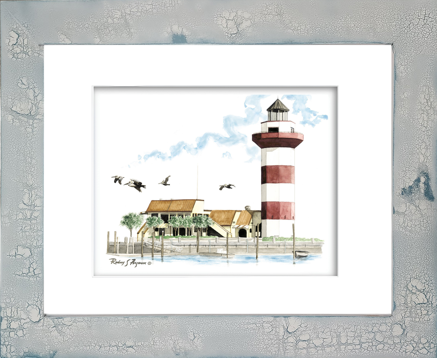 Rodney Ferguson watercolor giclée print of Harbor Town Lighthouse in Hilton Head Island, South Carolina, overlooking the famed Harbour Town Golf Links, home of the PGA Tour RBC Heritage tournament, displayed in a handcrafted distressed and crackled coastal wood frame with unique weathered texture and nautical charm.