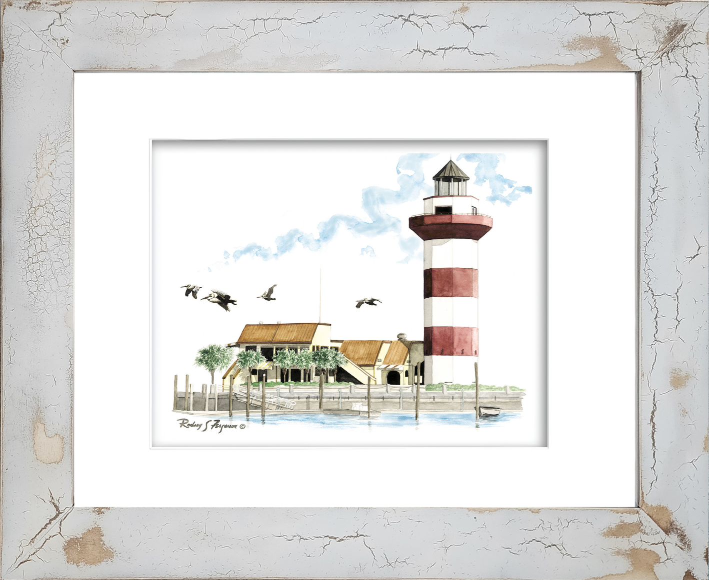 Rodney Ferguson watercolor giclée print of Harbor Town Lighthouse in Hilton Head Island, South Carolina, overlooking the famed Harbour Town Golf Links, home of the PGA Tour RBC Heritage tournament, displayed in a handcrafted distressed and crackled coastal wood frame with unique weathered texture and nautical charm.