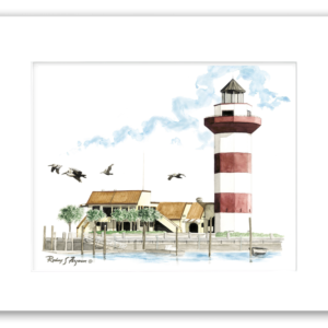 Alt Text: Rodney Ferguson Harbor Town Lighthouse watercolor giclée print featuring the iconic Hilton Head lighthouse beside Harbour Town Golf Links, professionally single matted and printed on archival, acid-free, colorfast paper.