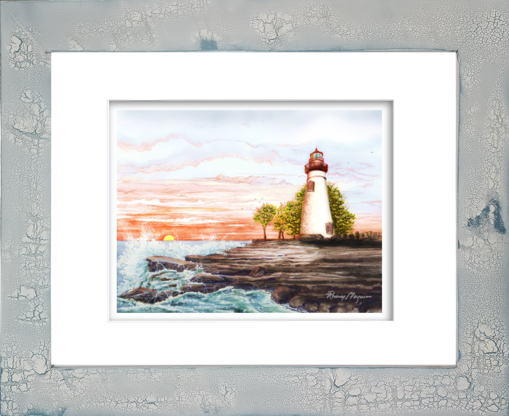 Rodney Ferguson watercolor giclée print of Marblehead Lighthouse in Ohio at daybreak, illuminated by warm golden morning sunlight, beautifully mounted in a handcrafted distressed and crackled coastal frame with unique weathered textures and nautical character.