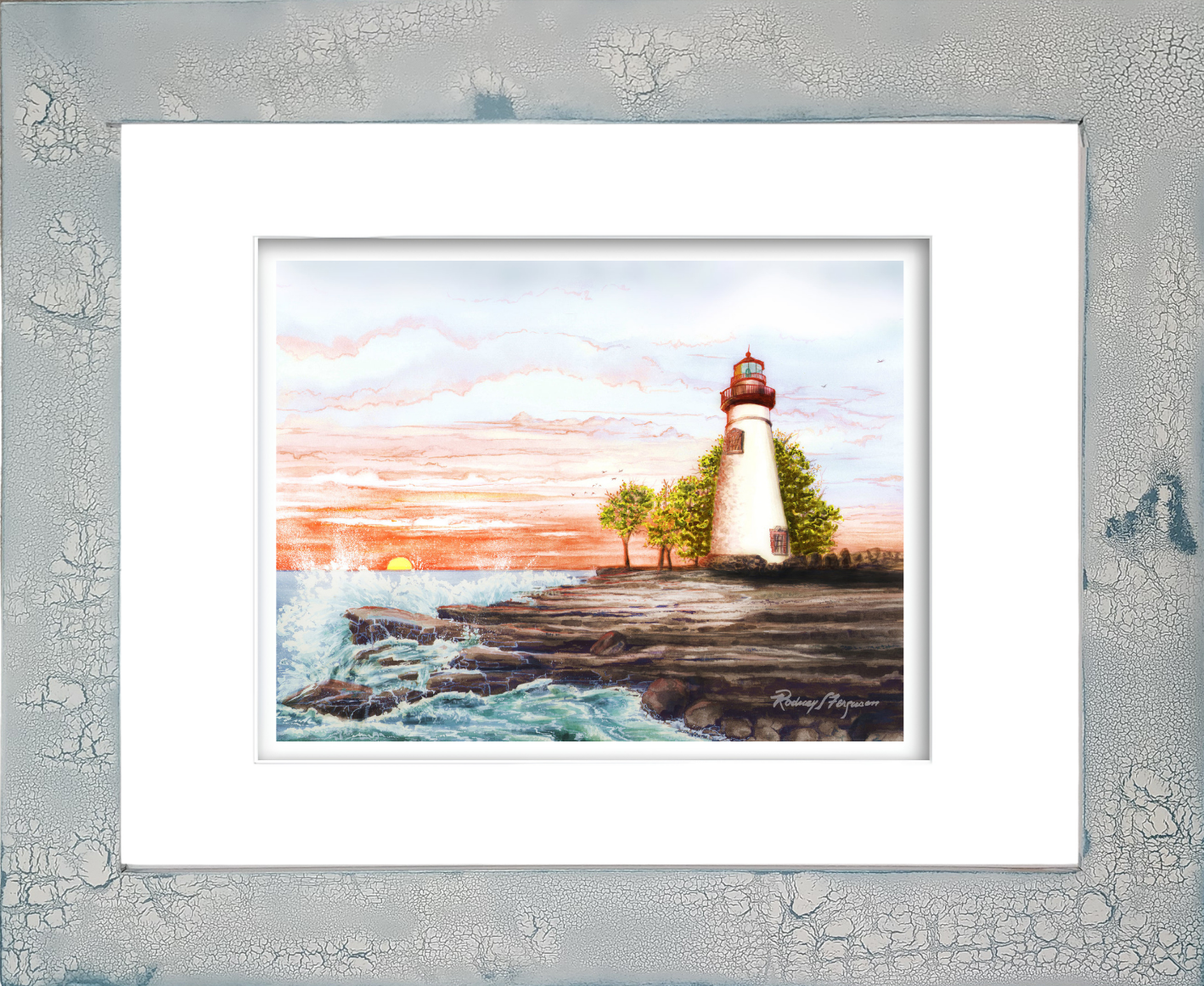 Rodney Ferguson watercolor giclée print of Marblehead Lighthouse in Ohio at daybreak, illuminated by warm golden morning sunlight, beautifully mounted in a handcrafted distressed and crackled coastal frame with unique weathered textures and nautical character.