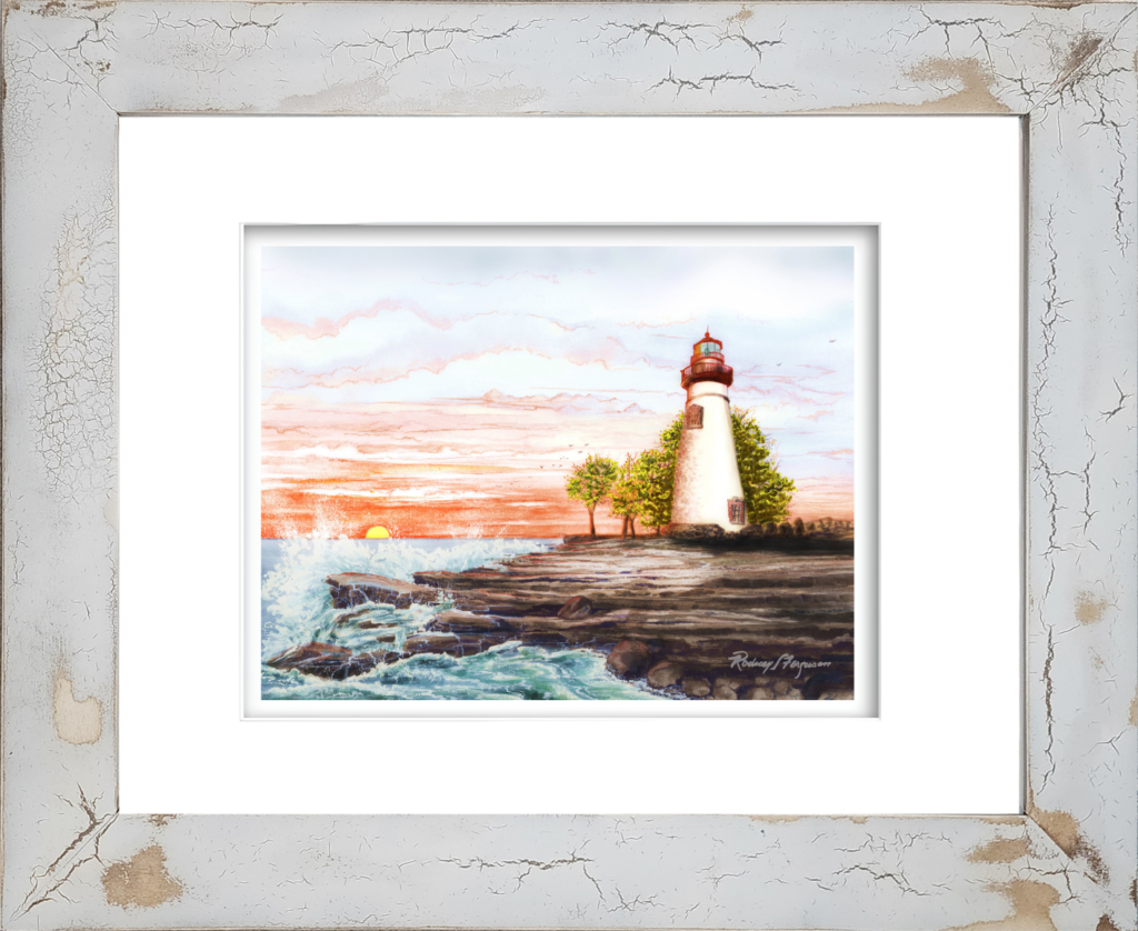 Rodney Ferguson Marblehead Lighthouse watercolor giclée print depicting the historic Ohio lighthouse at sunrise with golden morning light, professionally single matted and printed on archival acid-free paper.