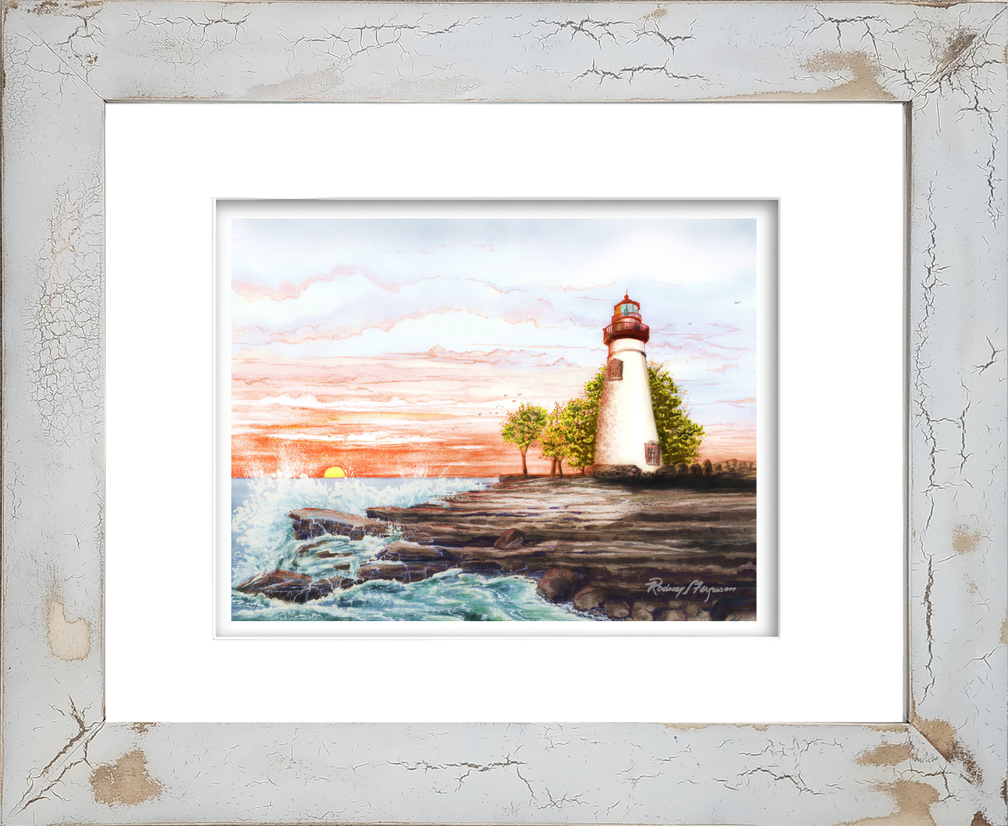 Rodney Ferguson Marblehead Lighthouse watercolor giclée print depicting the historic Ohio lighthouse at sunrise with golden morning light, professionally single matted and printed on archival acid-free paper.