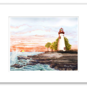 Rodney Ferguson Marblehead Lighthouse watercolor giclée print depicting the historic Ohio lighthouse at sunrise with golden morning light, professionally single matted and printed on archival acid-free paper.