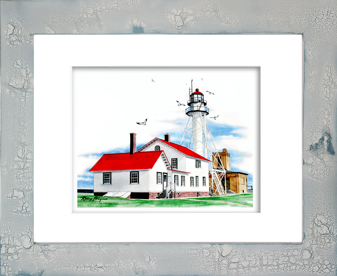 Watercolor giclée print of Whitefish Point Lighthouse in Michigan featuring the iconic white skeleton light, red-roofed keeper's house, and historic Great Lakes shoreline, mounted in Rodney Ferguson's handmade distressed and crackled coastal frame. Each artisan frame is uniquely weathered with one-of-a-kind textures, patterns, and coastal character. Archival lighthouse wall art inspired by the legendary Edmund Fitzgerald.
