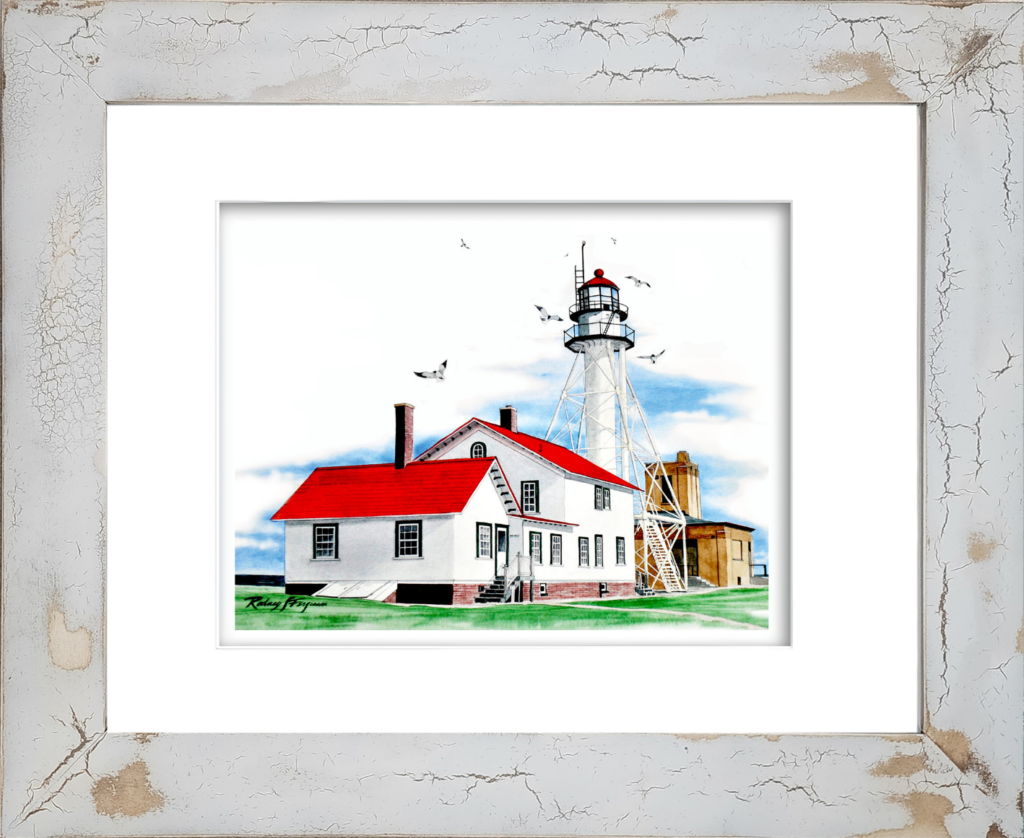 Watercolor giclée print of Whitefish Point Lighthouse in Michigan featuring the iconic white skeleton light, red-roofed keeper's house, and historic Great Lakes shoreline, mounted in Rodney Ferguson's handmade distressed and crackled coastal frame. Each artisan frame is uniquely weathered with one-of-a-kind textures, patterns, and coastal character. Archival lighthouse wall art inspired by the legendary Edmund Fitzgerald.