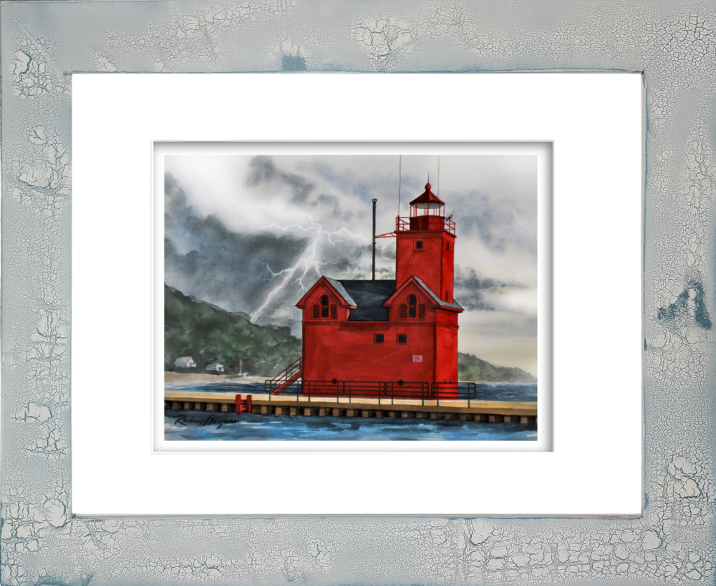 Rodney Ferguson watercolor giclée print of Big Red Lighthouse on the shores of Lake Michigan, featuring the iconic red lighthouse and connecting catwalk, professionally reproduced and displayed in a handmade distressed coastal frame with unique crackled finishes, nautical wall art for beach house and coastal décor.
