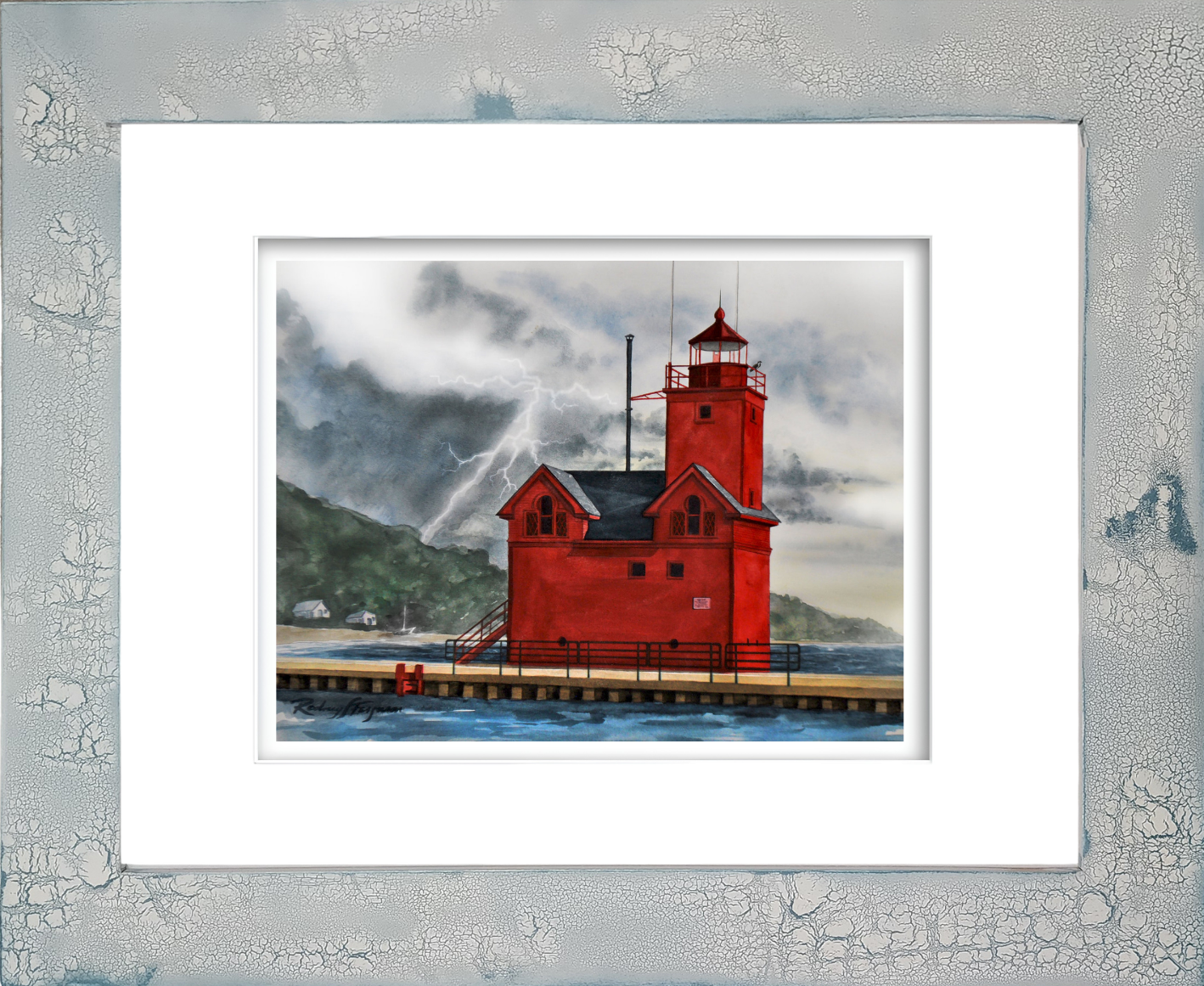 Rodney Ferguson watercolor giclée print of Big Red Lighthouse on the shores of Lake Michigan, featuring the iconic red lighthouse and connecting catwalk, professionally reproduced and displayed in a handmade distressed coastal frame with unique crackled finishes, nautical wall art for beach house and coastal décor.