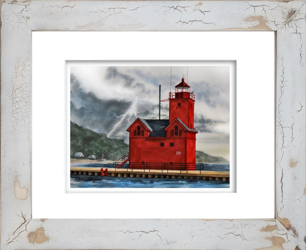 Rodney Ferguson watercolor giclée print of Big Red Lighthouse on the shores of Lake Michigan, featuring the iconic red lighthouse and connecting catwalk, professionally reproduced and displayed in a handmade distressed coastal frame with unique crackled finishes, nautical wall art for beach house and coastal décor.