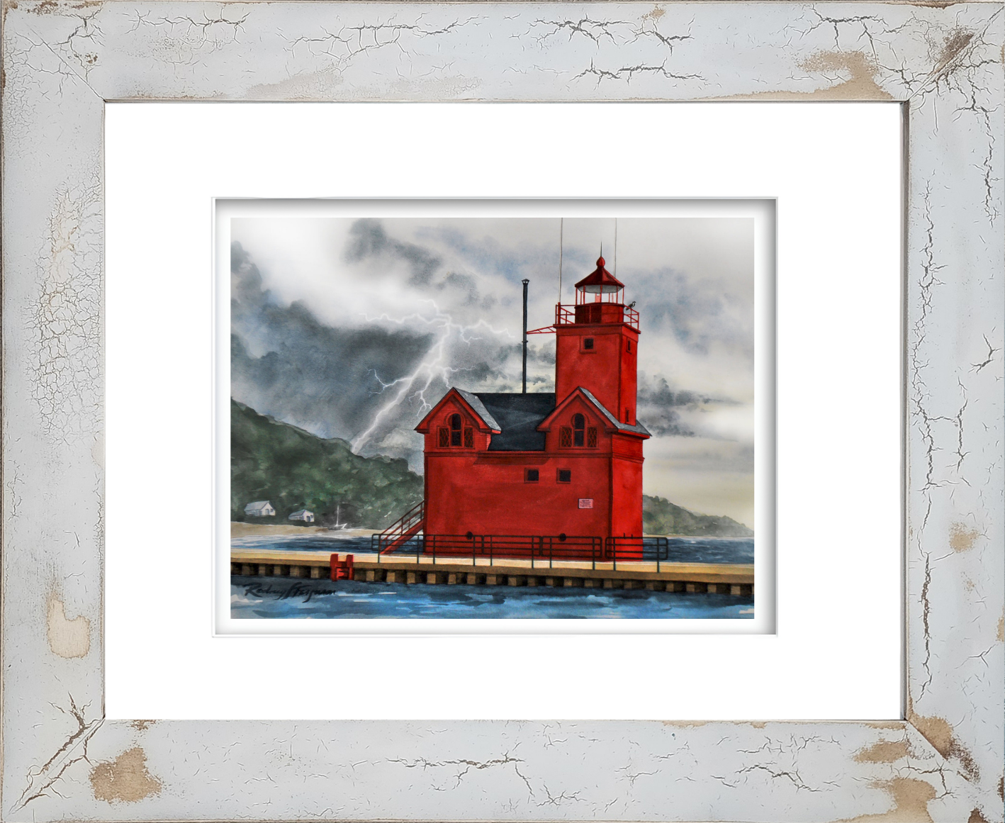 Rodney Ferguson watercolor giclée print of Big Red Lighthouse on the shores of Lake Michigan, featuring the iconic red lighthouse and connecting catwalk, professionally reproduced and displayed in a handmade distressed coastal frame with unique crackled finishes, nautical wall art for beach house and coastal décor.