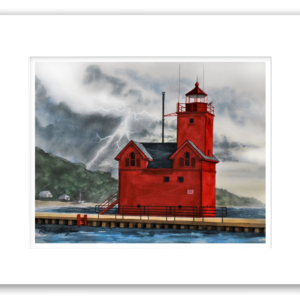 Big Red Lighthouse watercolor giclée print by Rodney Ferguson, professionally matted and printed on 100% archival, acid-free, colorfast paper, featuring the iconic red lighthouse along the Lake Michigan shoreline, coastal and lighthouse wall art.