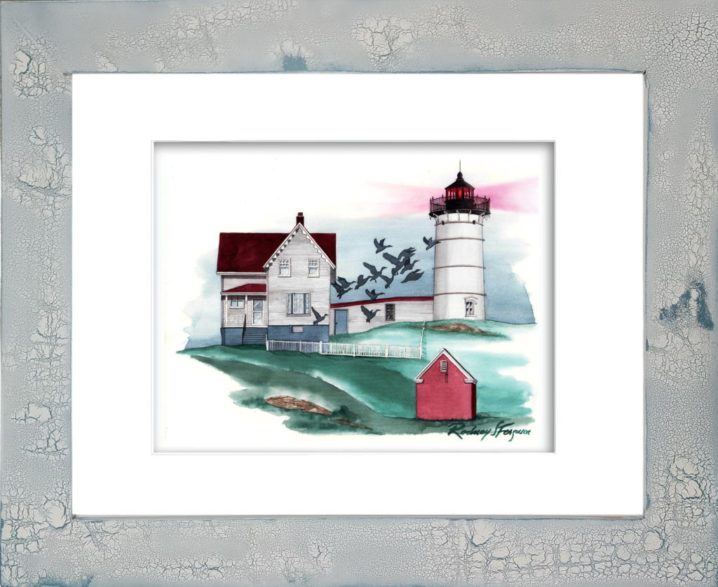 Rodney Ferguson watercolor giclée print of Cape Neddick Island Lighthouse (Nubble Light) perched on a rugged rocky outcropping along the Maine coast, featuring the iconic white lighthouse with a red lantern room, red-roofed keeper’s house, and crashing Atlantic Ocean waters. Professionally reproduced and mounted in a handmade distressed and crackled coastal frame, each frame uniquely weathered with one-of-a-kind texture and patina.