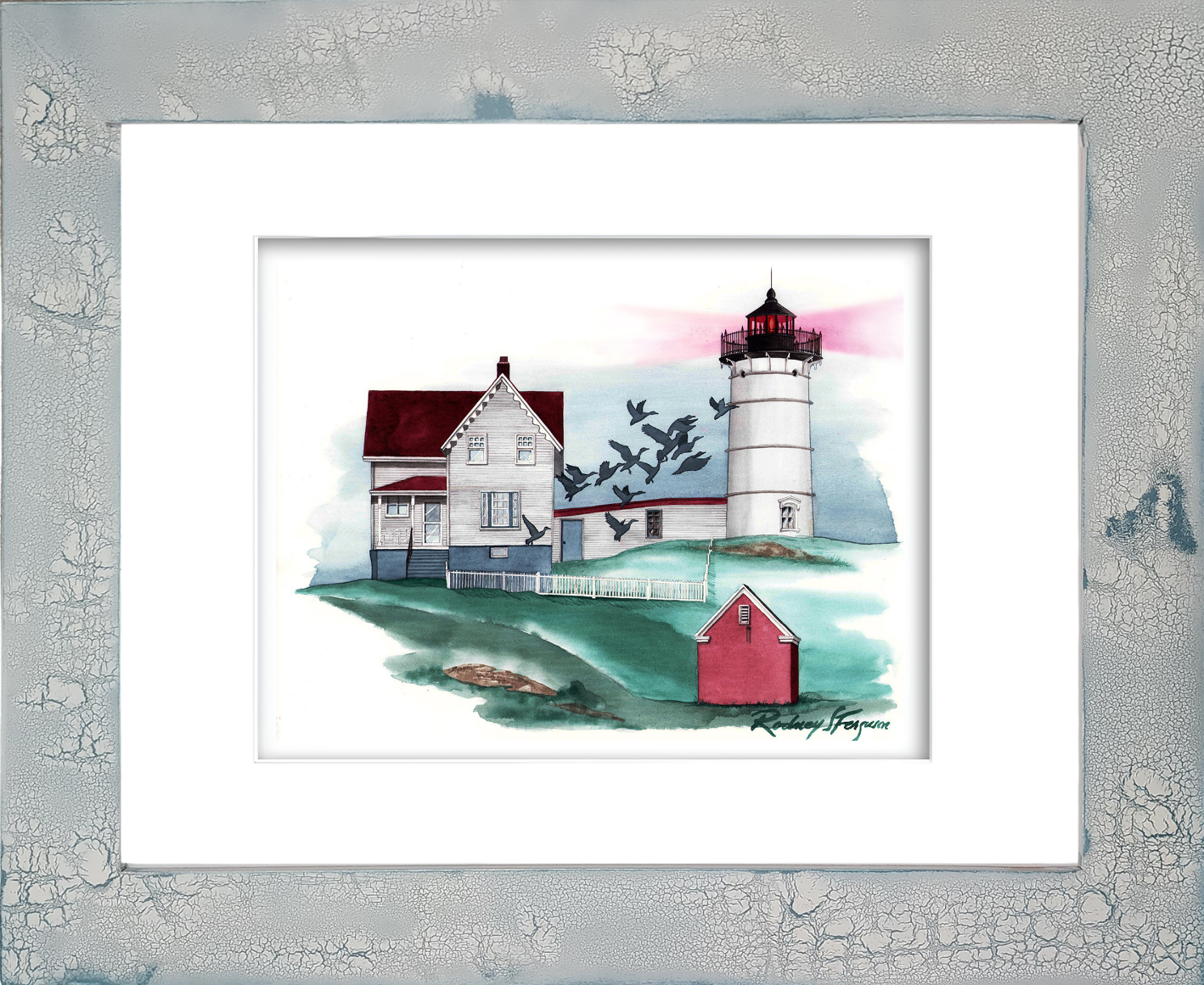 Rodney Ferguson watercolor giclée print of Cape Neddick Island Lighthouse (Nubble Light) perched on a rugged rocky outcropping along the Maine coast, featuring the iconic white lighthouse with a red lantern room, red-roofed keeper’s house, and crashing Atlantic Ocean waters. Professionally reproduced and mounted in a handmade distressed and crackled coastal frame, each frame uniquely weathered with one-of-a-kind texture and patina.