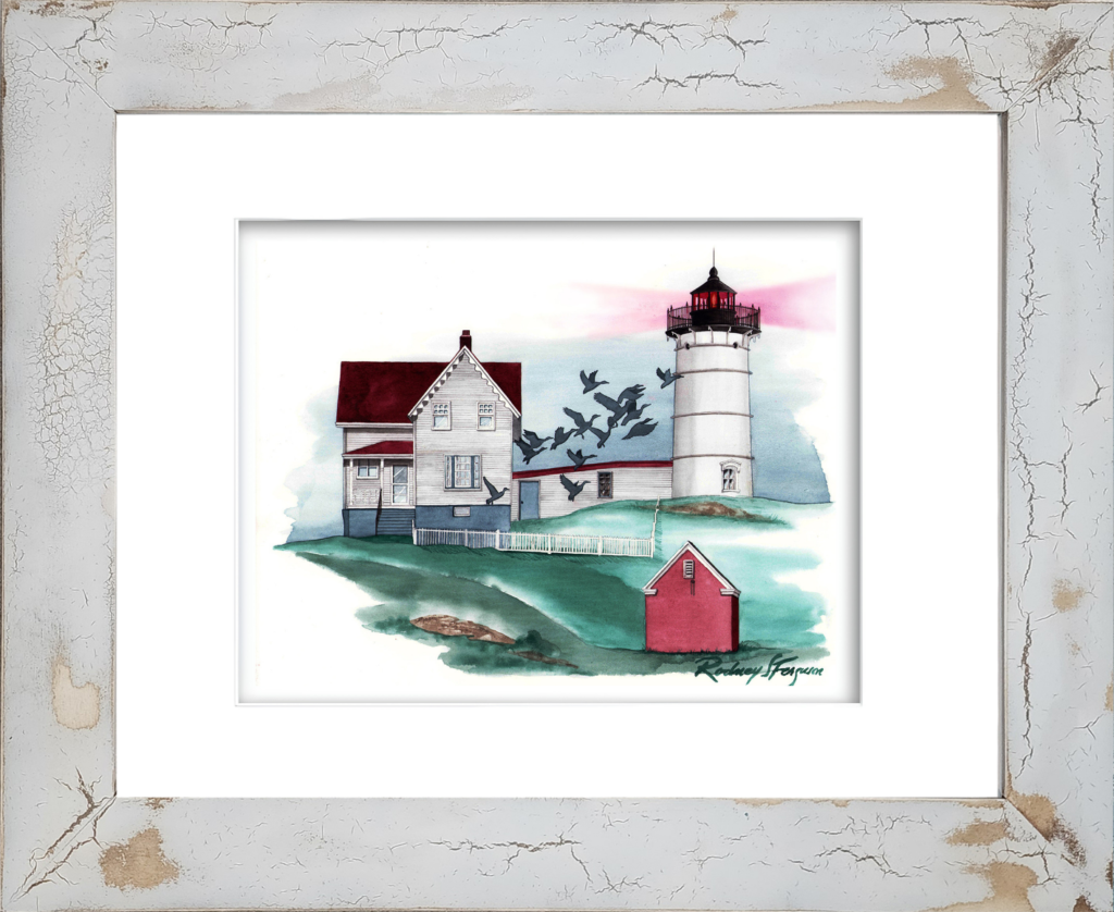 Rodney Ferguson watercolor giclée print of Cape Neddick Island Lighthouse (Nubble Light) perched on a rugged rocky outcropping along the Maine coast, featuring the iconic white lighthouse with a red lantern room, red-roofed keeper’s house, and crashing Atlantic Ocean waters. Professionally reproduced and mounted in a handmade distressed and crackled coastal frame, each frame uniquely weathered with one-of-a-kind texture and patina.