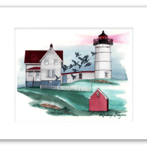 Cape Neddick Island Lighthouse watercolor giclée print by Rodney Ferguson, professionally matted and featuring the famous white lighthouse, red lantern room, keeper's house with red roof, and rocky Atlantic coastline, printed on archival acid-free fine art paper.
