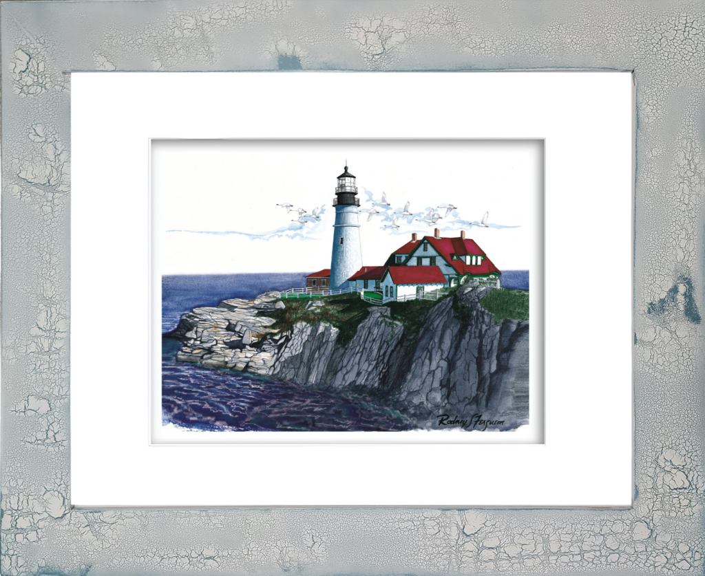 Rodney Ferguson Portland Head Lighthouse watercolor giclée print featuring Maine's iconic white lighthouse and red-roofed keeper's house perched above the Atlantic Ocean, professionally mounted in a handmade distressed and crackled coastal frame, each frame uniquely weathered with no two alike.