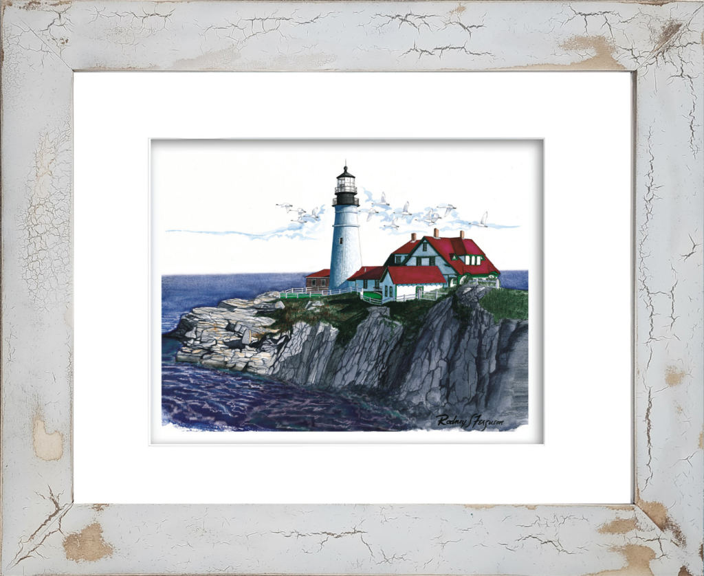 Rodney Ferguson Portland Head Lighthouse watercolor giclée print featuring Maine's iconic white lighthouse and red-roofed keeper's house perched above the Atlantic Ocean, professionally mounted in a handmade distressed and crackled coastal frame, each frame uniquely weathered with no two alike.