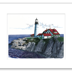 Portland Head Lighthouse watercolor giclée print by Rodney Ferguson featuring the iconic white lighthouse and red-roofed keeper's house overlooking the rocky Maine coast, professionally matted and printed on archival fine art paper.