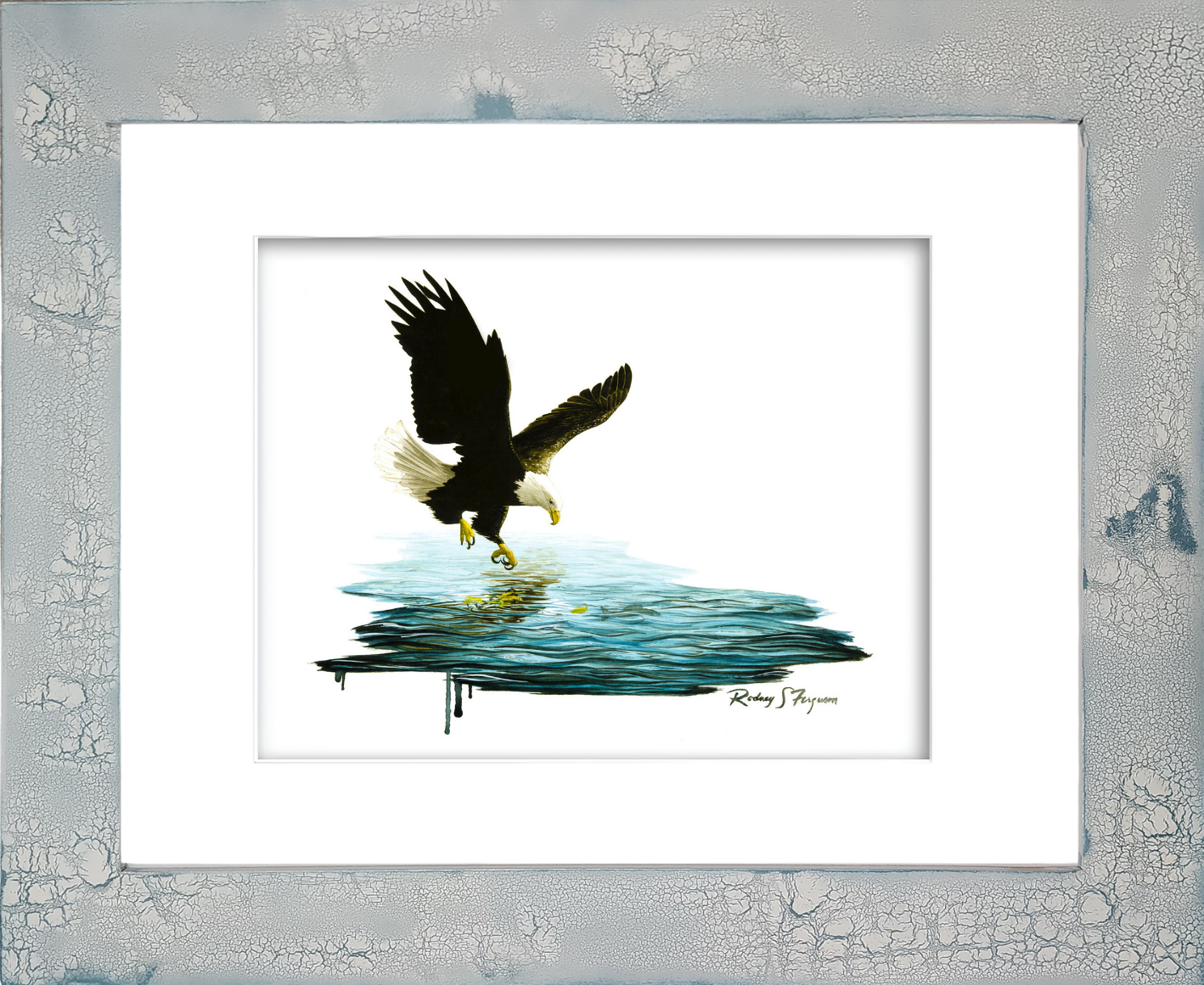 Watercolor giclée print of a majestic bald eagle swooping down to capture a fish from the water, framed in a handmade distressed and crackled coastal wood frame by Rodney Ferguson, featuring unique artisan textures and finishes.