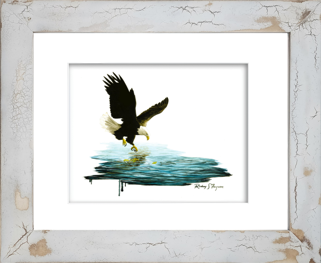 Watercolor giclée print of a majestic bald eagle swooping down to capture a fish from the water, framed in a handmade distressed and crackled coastal wood frame by Rodney Ferguson, featuring unique artisan textures and finishes.