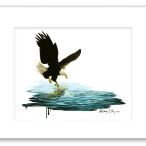 Watercolor giclée print of a majestic bald eagle swooping down to capture a fish from the water, framed in a handmade distressed and crackled coastal wood frame by Rodney Ferguson, featuring unique artisan textures and finishes.